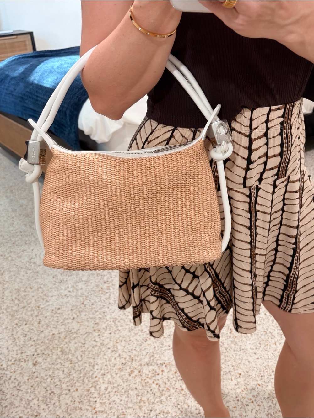 Off-White Woven Straw leather Shoulder Bag with White Trim
